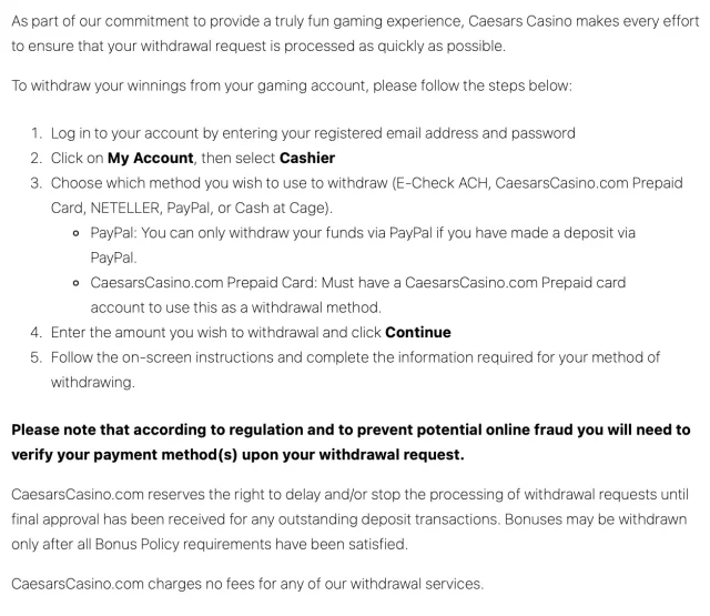 caesars review caesars casino withdrawal information