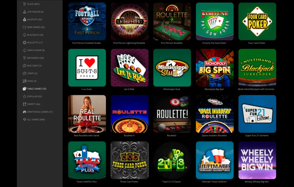 draftkings review play table games